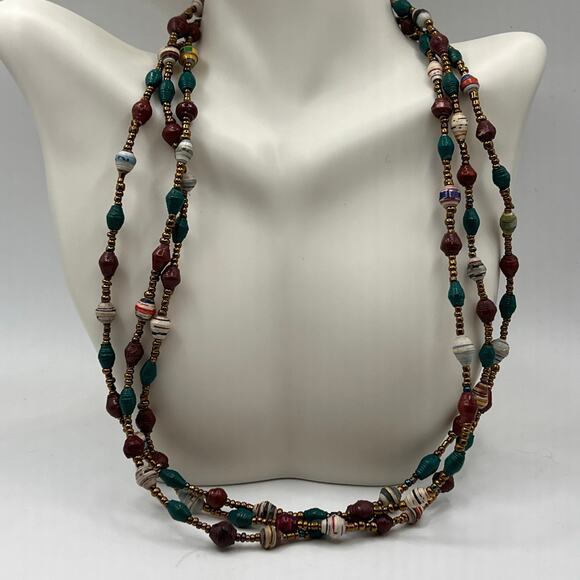 Beaded Necklace 60” - Rolled Paper Beads - Over the head/No Clasp - Gold Tone - Picture 2 of 5